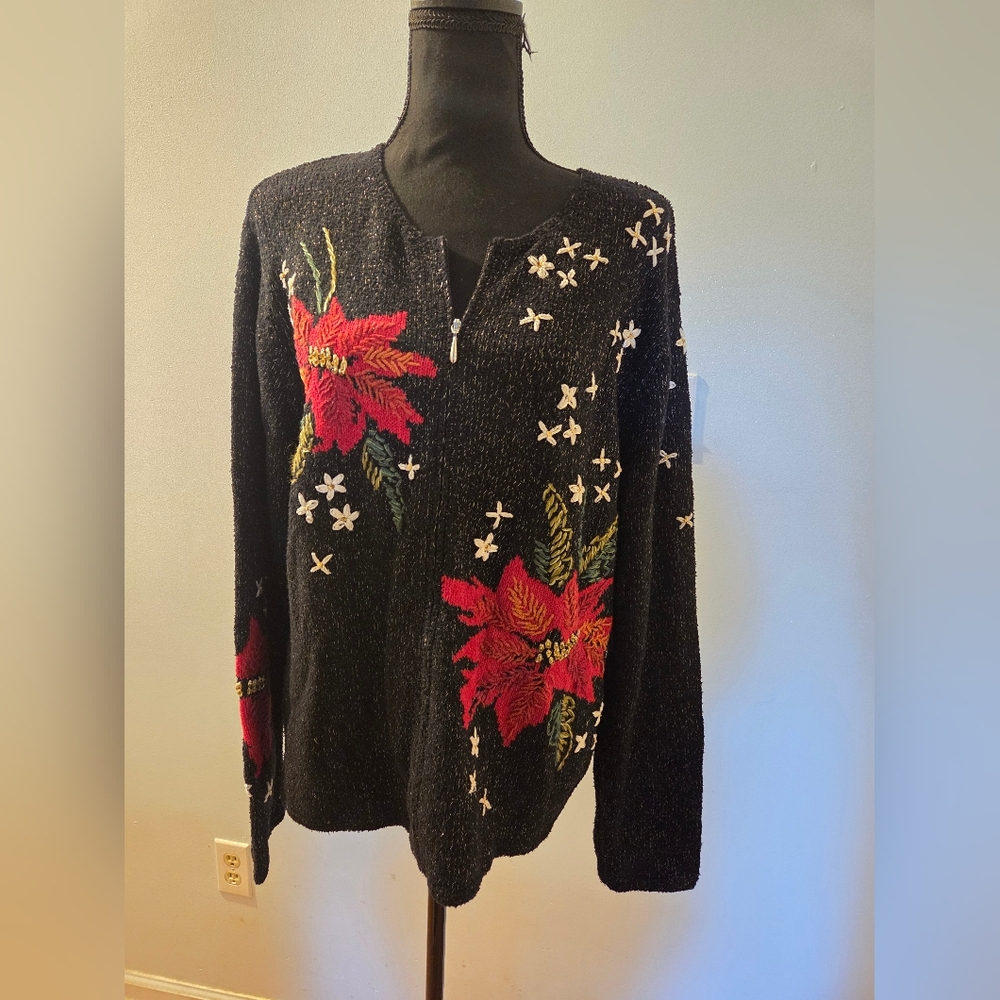 Talbots Black Sweater with Red Floral Design